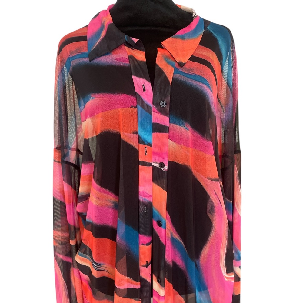 Multi colored Colorful Long Sheer Button-Up Shirt,Dress,Top,Bathing suit cover - Picture 5 of 10